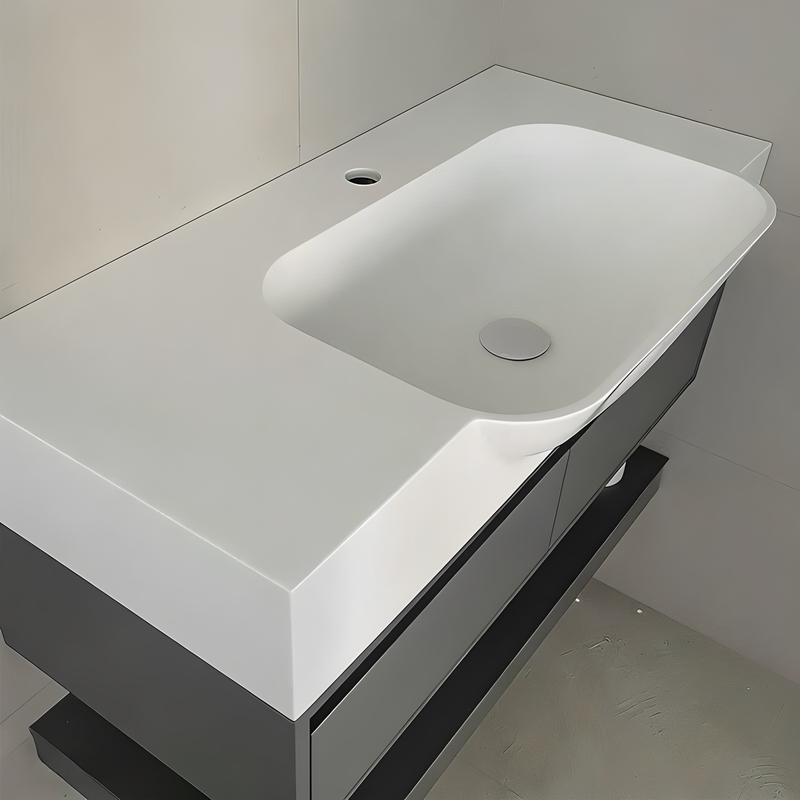 Compact Protruding Bathroom Cabinet Set with Corian Integrated Large Basin Sink, Ultra-Narrow Washbasin, and Mirror Cabinet Set Compact Protruding Bathroom Cabinet Set with Corian Integrated Large Basin Sink, Ultra-Narrow Washbasin, and Mirror Cabinet Set