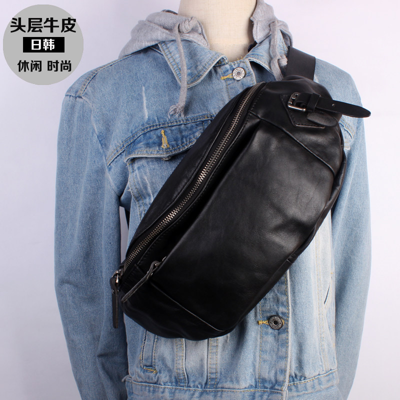 Japanese new style cowhide chest bag men's retro leather dark multi-compartment soft leather waist bag handmade pure leather satchel trend