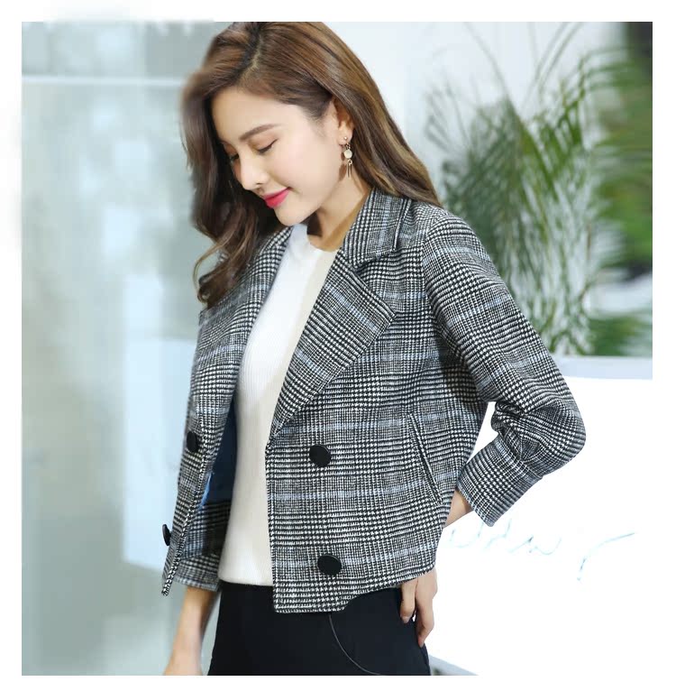 Gao Xuan set đồ len ngắn ngắn lông ngắn mùa thu khí chất thời trang kẻ sọc Hàn Quốc áo ngắn nữ áo cardigan nữ