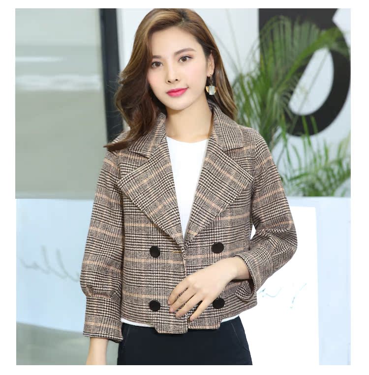 Gao Xuan set đồ len ngắn ngắn lông ngắn mùa thu khí chất thời trang kẻ sọc Hàn Quốc áo ngắn nữ áo cardigan nữ