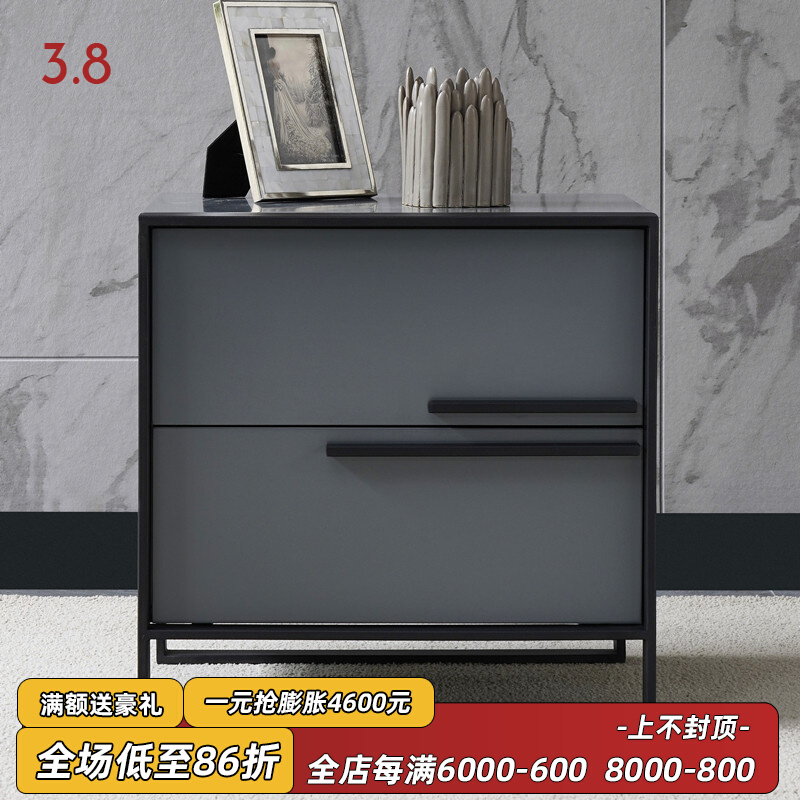 Nordic ins wind grey bed head cabinet rear modern minimalist baking lacquered solid wood lockers stainless steel bedside cabinet