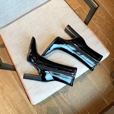 Ken bean same patent leather fried street short boots Women 2020 autumn and winter square head thick heels thin Boots Boots Boots