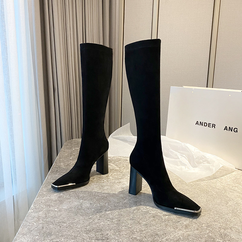 Kendou with the same boots women's high tube 2022 new autumn and winter mid tube square head thick heel high heels elastic long boots
