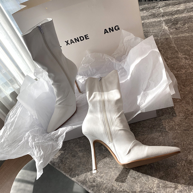 Net red 2022 new high-heeled shoes women's autumn and winter pointed toe fine-heeled French fried street short boots white boots plus velvet
