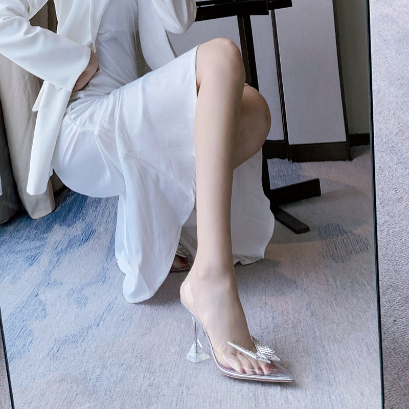 Net Red Transparent Sandals Women 2022 New Water Drill Butterfly Fine Follow Crystal High Heels Fairy Airy Comfort