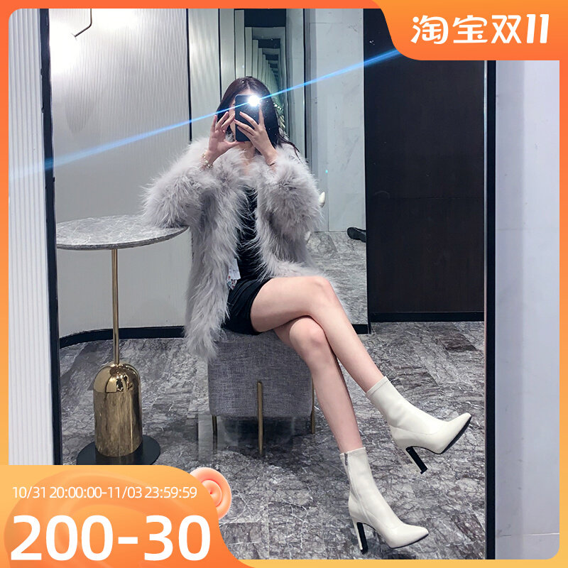 White boots women's 2022 new autumn and winter pointed toe high heels thick heel rice white explosion style elastic thin short boots