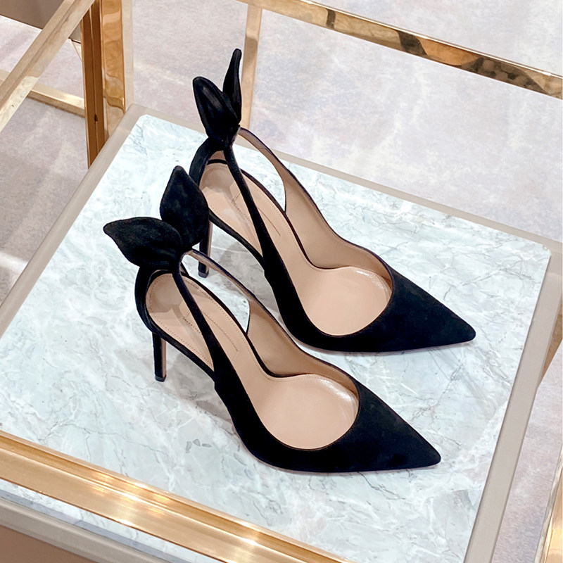 Leather sandals female fairy wind 2021 new summer sky rabbit ears pointed head baotou small heel high heels fine heel