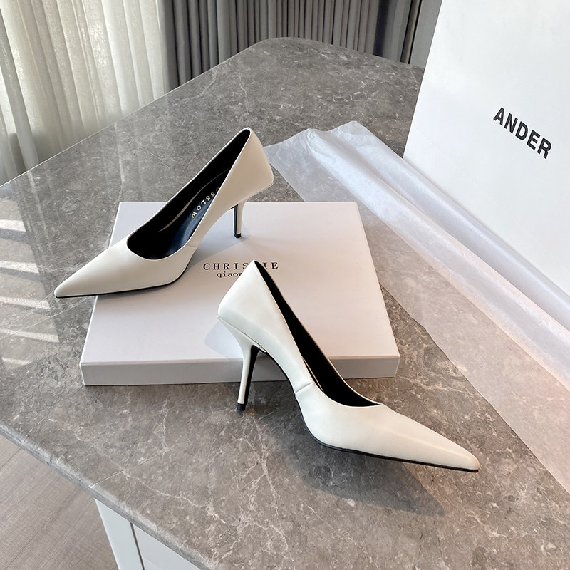 Net Red White High Heel Shoes Woman 2022 New Spring Autummy Style Pointed Thin Heel Single Shoe Genuine Leather Summer Temperament