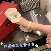 French leather flower sandals female summer fairy style sexy one word with thick heels high heels open toe niche design sense