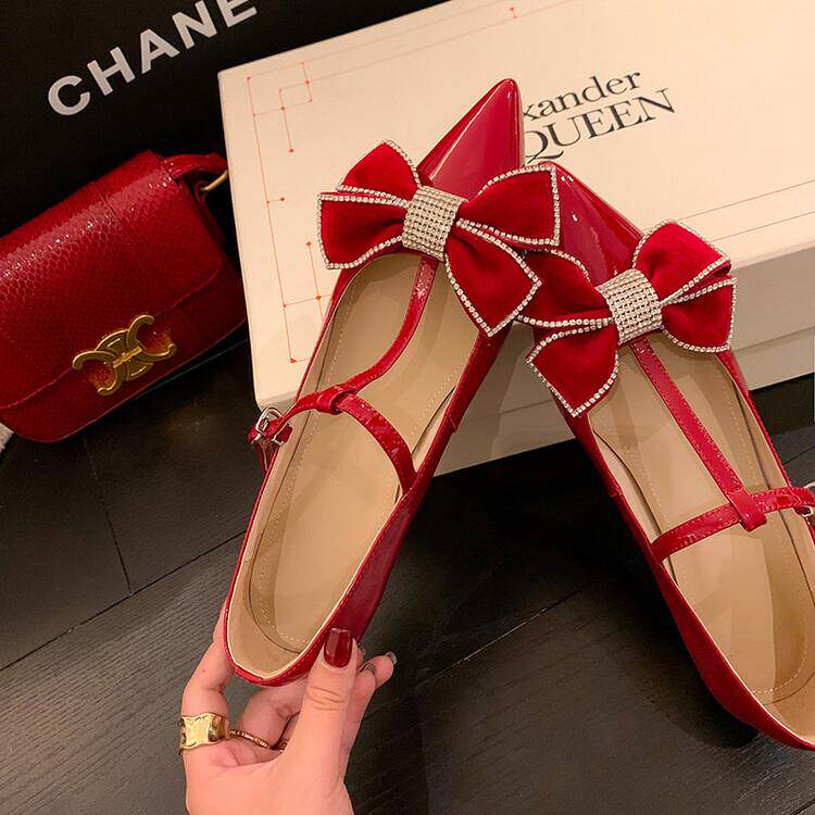Bowknot flat bottom single shoes hollow T-belt Mary Jane shoes fairy style retro leather rhinestone pointy night
