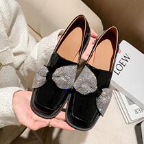 French rhinestone bow single shoes small leather shoes patent leather female British style square toe loafers niche design net red