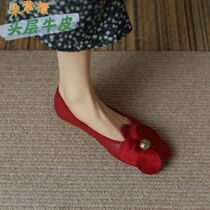 French large flower single shoes womens temperament red ballet sweet soft bottom 3cm evening wind gentle leather flat shoes