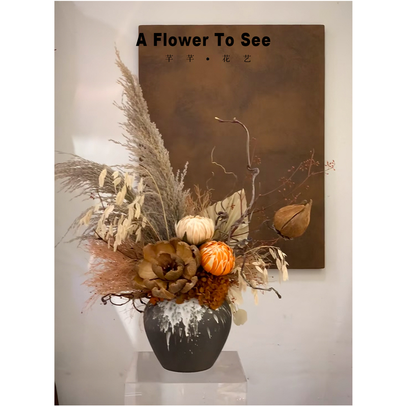 Oil Painting-Style Bouquet Black Ceramic Vase Set, Reed Silk Grass, Dragon Willow, Handmade Fruit Shell Flower Arrangement