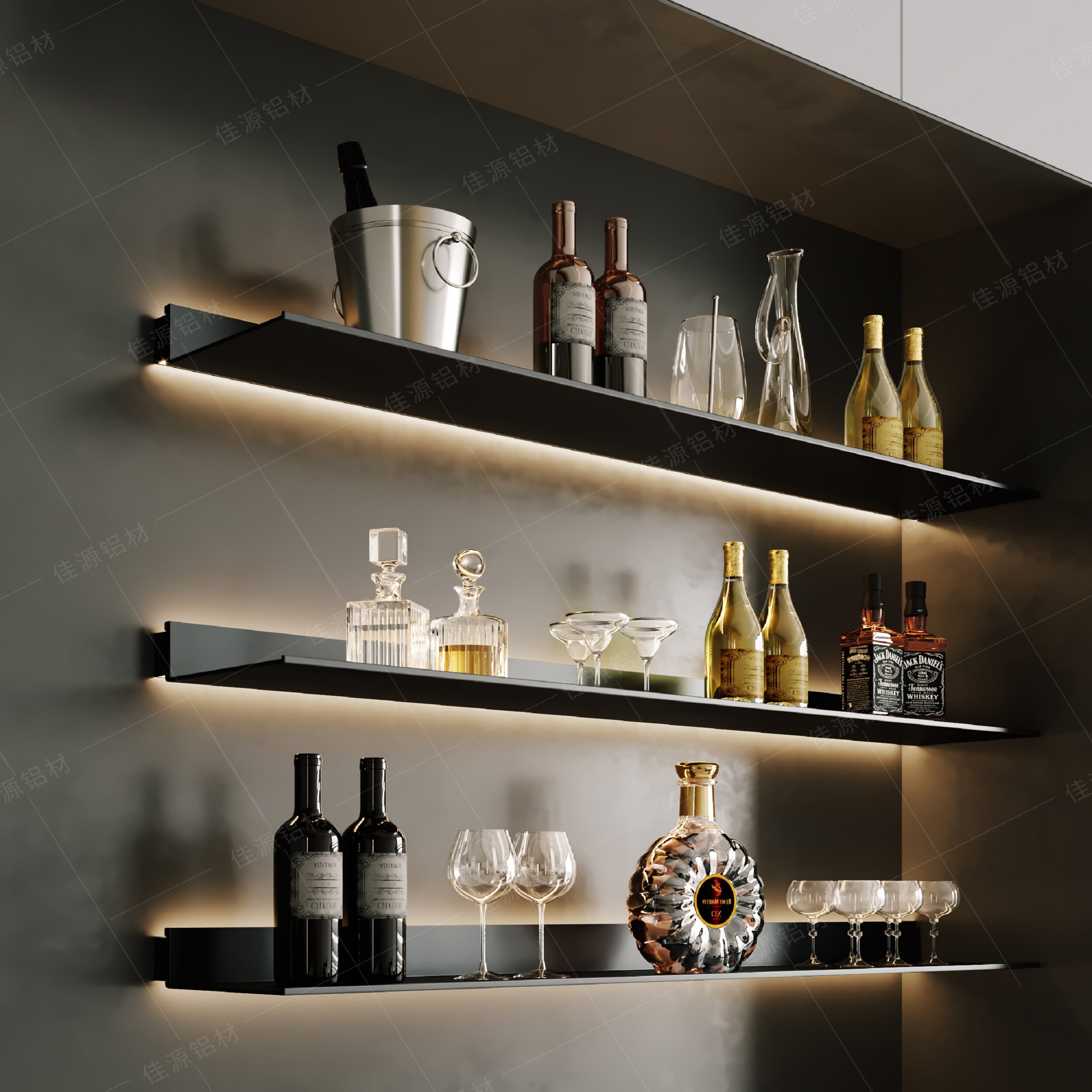Aluminum alloy shelf built-in luminous LED lamp light lavish wine rack hanging wall Creative Bookshelf Brief Metal Laminate-Taobao