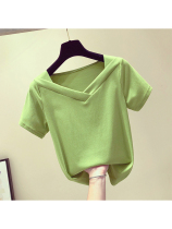 Counter 2021 new summer slim matcha green ice silk stripe half sleeve short avocado green v-neck short sleeve women's t-shirt
