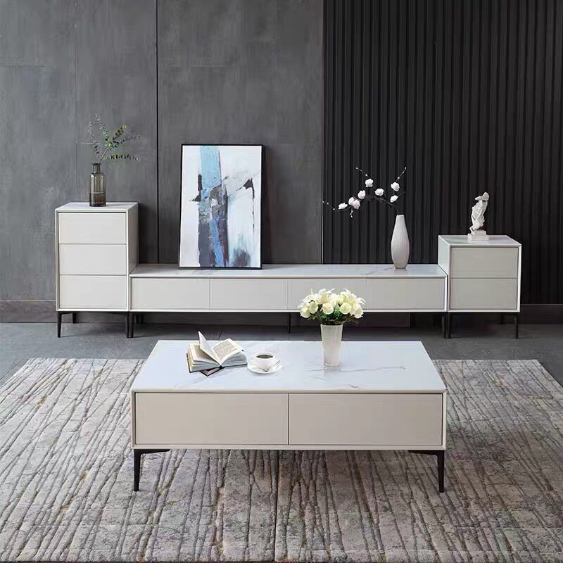Italian minimalist coffee table TV cabinet all solid wood slab coffee table small apartment living room paint light luxury post-modern floor cabinet