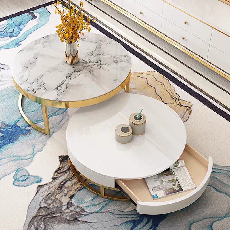 Light luxury round coffee table combination modern minimalist small apartment marble round home living room gold storage cabinet