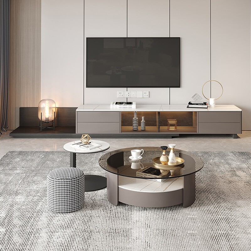 Bright rock board TV cabinet light luxury Nordic modern minimalist small apartment coffee table tempered glass living room floor cabinet storage