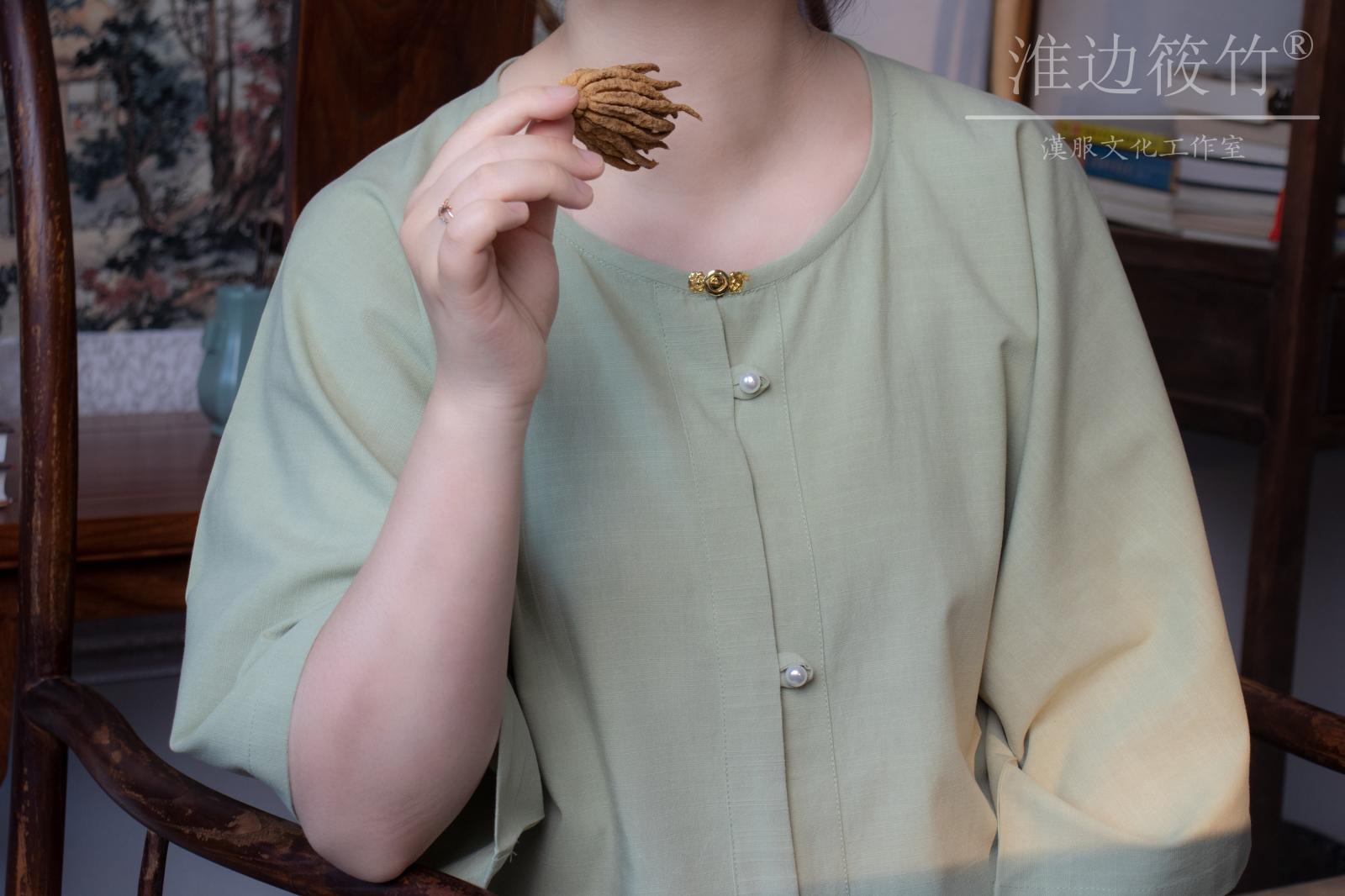 Huai side Shino Bamboo Ming-made round collar pair of flap half sleeves Short sleeves Short sleeves Mid-arms Hanfu Daily female summer clothing tea art Zen clothes