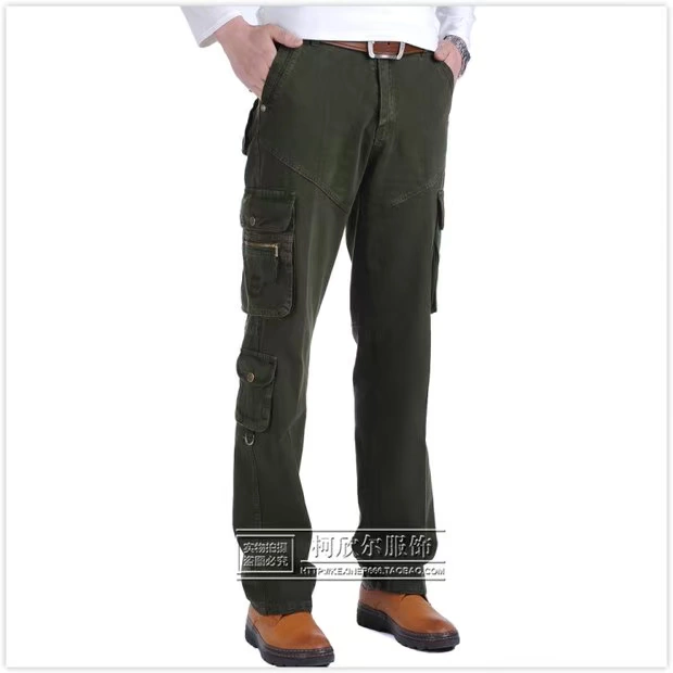 Quần yếm nam ngoài trời Multi-Pocket Straight Slim Cotton Casual Loose Quần cỡ lớn Khuyến mãi quần thun nam