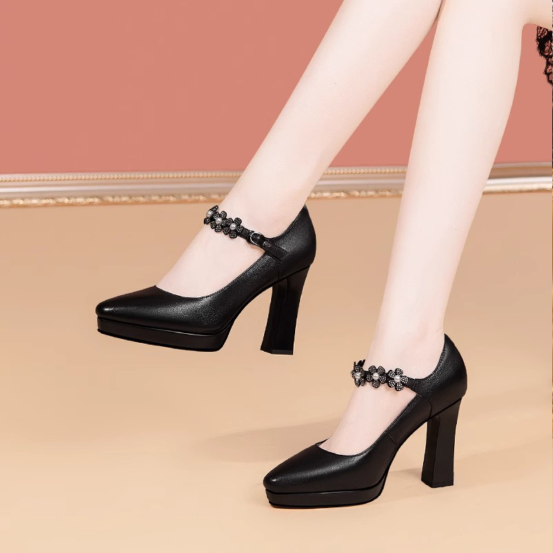 Genuine Leather One-Strap High-Heeled Shoes That Don'T Tire Your Feet, Model Catwalk High-Heeled Shoes, Waterproof Platform, Black Work Shoes, Women's Thick Heels Genuine Leather One-Strap High-Heeled Shoes That Don'T Tire Your Feet, Model Catwalk High-Heeled Shoes, Waterproof Platform, Black Work Shoes, Women's Thick Heels