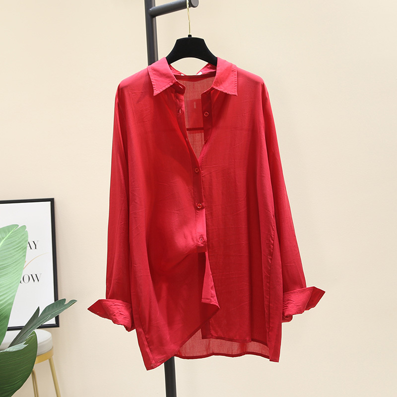 Red Cotton and Linen Shirt for Women, 2026 Summer New Korean Style, Versatile, Thin, Long-Sleeved Sun Protection Shirt Jacket
