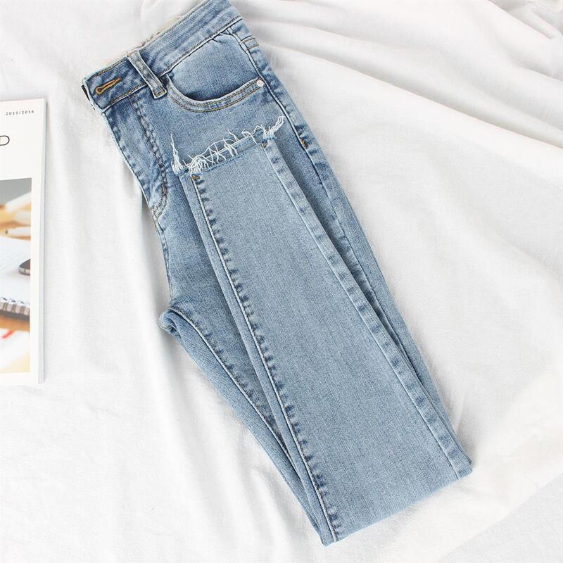 Light Blue Jeans for Women, 2025 Summer Thin High-Waisted Slim Fit Stretchy Frayed Hem Skinny Cropped Pencil Pants Light Blue Jeans for Women, 2025 Summer Thin High-Waisted Slim Fit Stretchy Frayed Hem Skinny Cropped Pencil Pants
