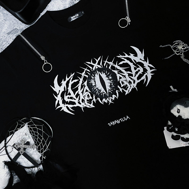 | Wolf Spider | Original Subculture Style Zip-Up Off-Shoulder Printed Cotton T-Shirt, National Trend Gothic Short-Sleeve Transparent Moon Design. | Wolf Spider | Original Subculture Style Zip-Up Off-Shoulder Printed Cotton T-Shirt, National Trend Gothic Short-Sleeve Transparent Moon Design.