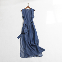 Q143 female 2020 new sleeveless waist long dress bow high open fork Tencel denim skirt