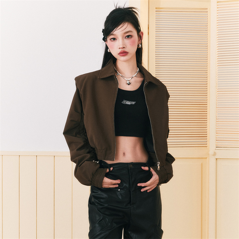 Nextdawn Brown Short Padded Leather Jacket Short Coat Women's Leather Jacket Spring and Autumn Barn Style Outfit Loose Fit