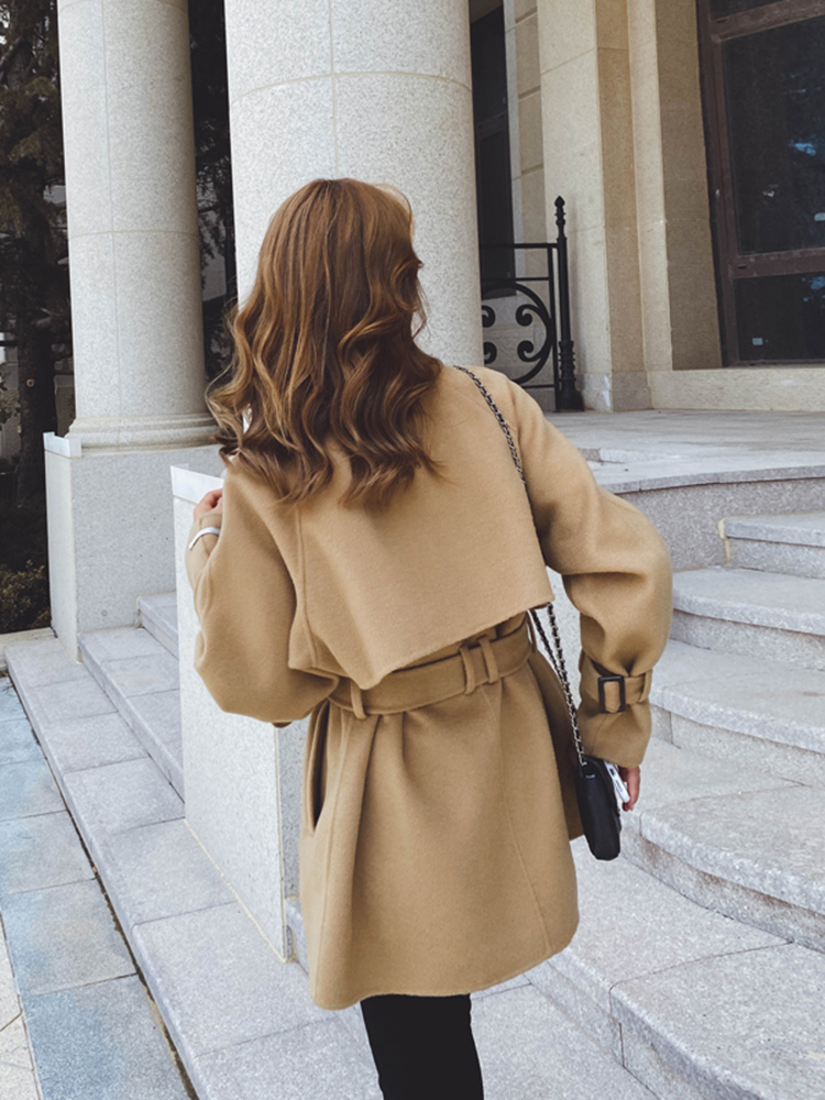 Lecea Alice cashmere coat women's 2022 winter new high-end khaki lace-up waist woolen coat
