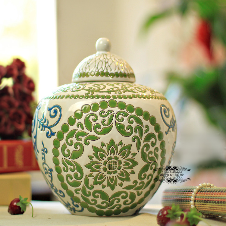Chinese-style ceramic storage jar European-style with lid jar Jingdezhen home accessories decoration study bookcase decoration decoration