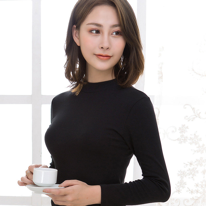 Women's pure cotton mid-high collar long-sleeved bottoming shirt large size slim elastic solid color underwear women's thin threaded autumn clothes