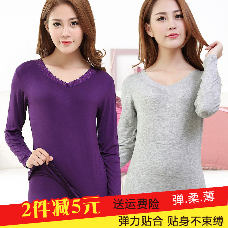 Autumn and winter thermal underwear women's lace V-neck modal thin autumn clothing bottoming shirt large size cotton sweater one-piece top