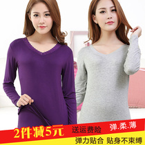 Autumn and winter thermal underwear womens lace V-neck modal thin autumn coat bottoming shirt large size cotton sweater one-piece top