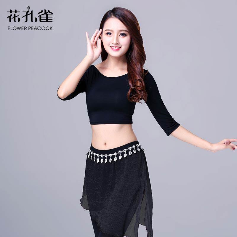 Golden Dance door belly dance top Mid-long sleeve practice clothing top Modal top dance short top