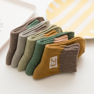 【布加迪】儿童秋冬季纯棉中筒袜5双