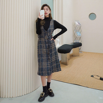 South Island Wind Plus Size Women Fat Sister mm2021 Autumn New Knitted base shirt Plaid Dress Two Piece