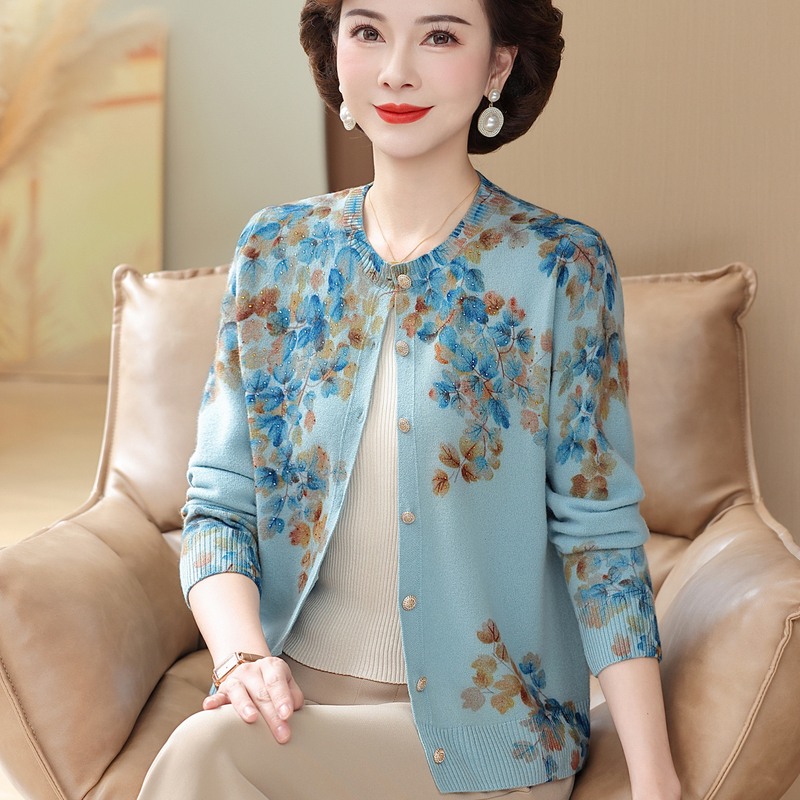 Ordos City Middle-Aged and Elderly Women's Cashmere Cardigan Printed Loose Wool Coat Mother's Clothing Autumn and Winter Thin Sweater