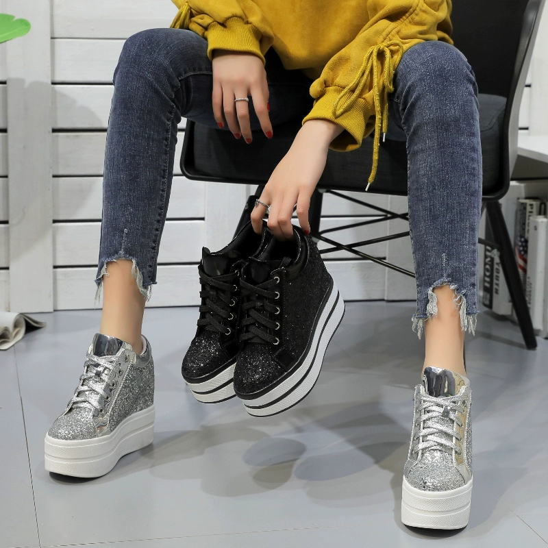 Giày platform đế dày gây sốc cho vua mặt đất 2019 mùa xuân mới giày cao gót đế thấp với giày thể thao và giày thường đính sequin cao - Giày cắt thấp