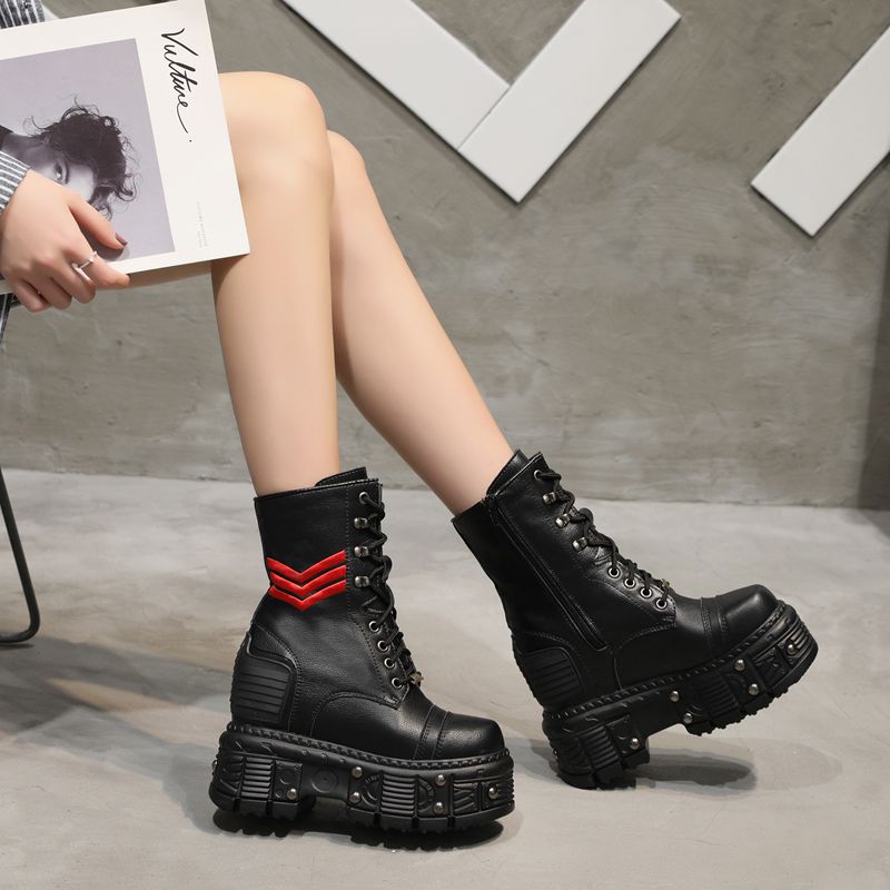 Thick-soled Martin boots women's 2019 autumn and winter new inner heightened casual British leather plus velvet all-match muffin mid-boots