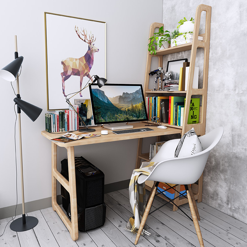 Nordic modern simple desktop computer desk Multi-function study desk Bedroom desk bookshelf combination Home