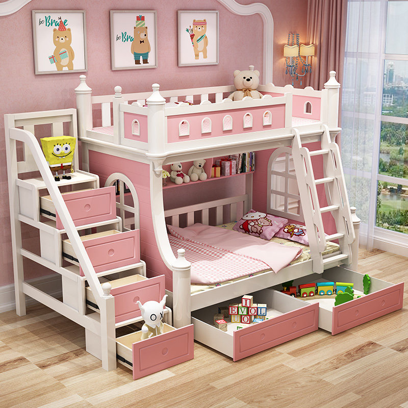 Children's bed Girl Princess Castle Pink solid wood upper and lower bed Double 1 5m upper and lower bunk girl high and low bed dream