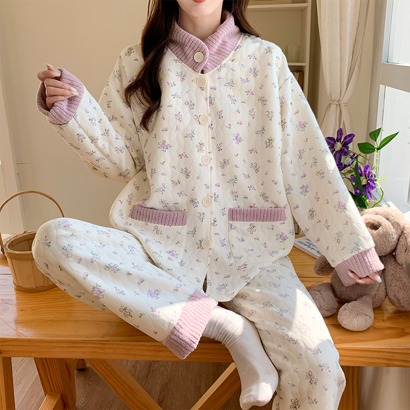 Maternity Pajamas with Breast Pads, Autumn and Winter Thickened Postpartum Nursing Sleepwear for Expectant Mothers, Air Cotton, Large Size for Spring and Autumn