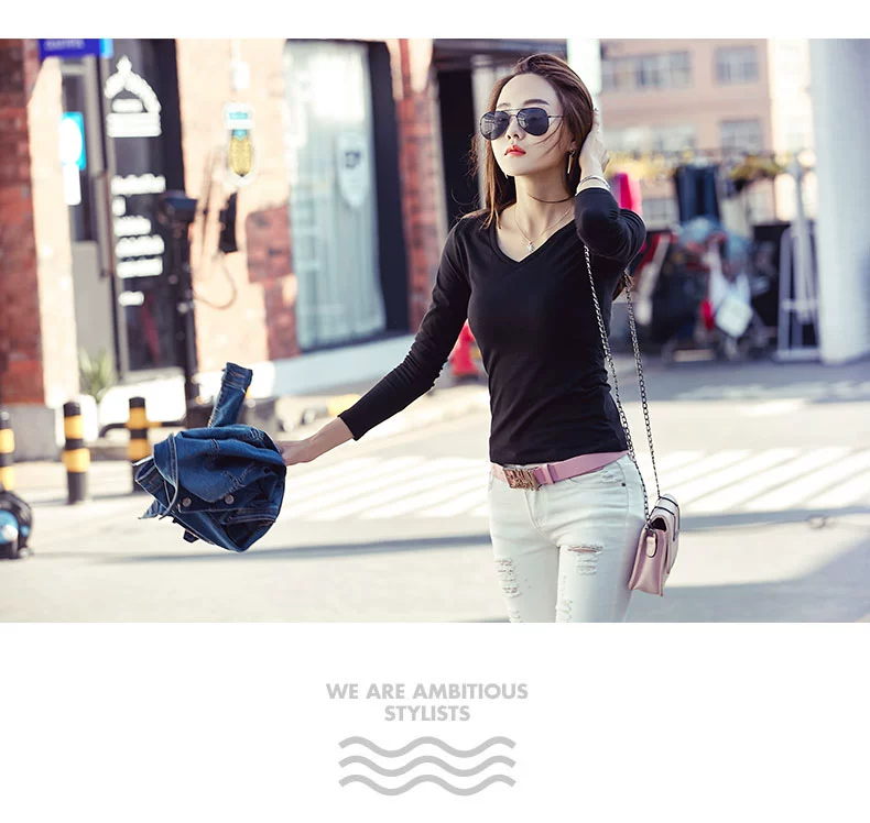 Áo thun cotton trắng cổ chữ V nữ dài tay mùa thu đông mới phiên bản Hàn Quốc của áo sơ mi nữ body sơ mi nữ màu rắn áo phông rộng