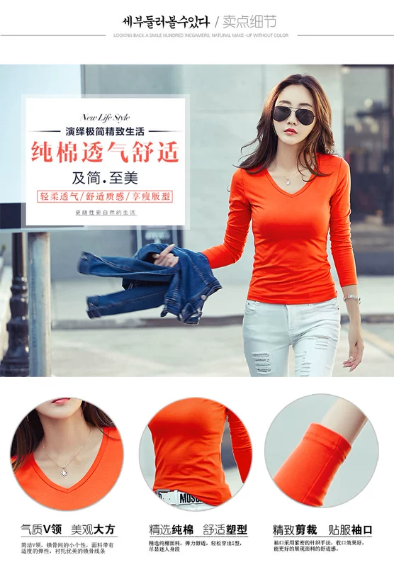Áo thun cotton trắng cổ chữ V nữ dài tay mùa thu đông mới phiên bản Hàn Quốc của áo sơ mi nữ body sơ mi nữ màu rắn