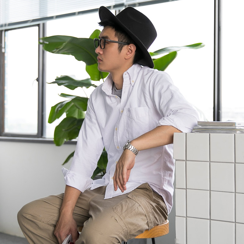 日系复古秋冬季长袖衬衫男士潮牌打底纯色牛津纺衬衣陈冠希余文乐