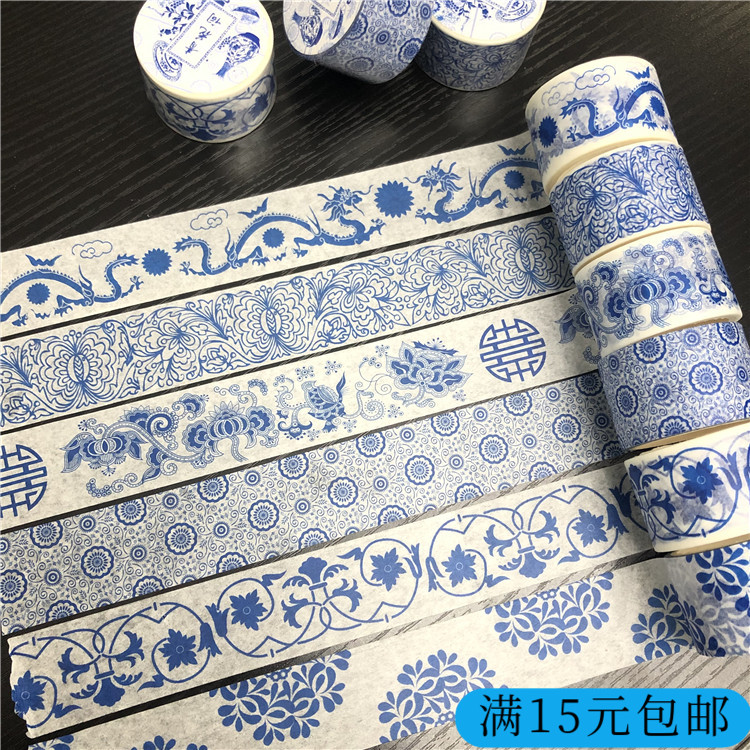 Kindergarten Huanchuang wall layout materials ethnic style and paper tape blue and white word series blue and white porcelain pattern wall stickers