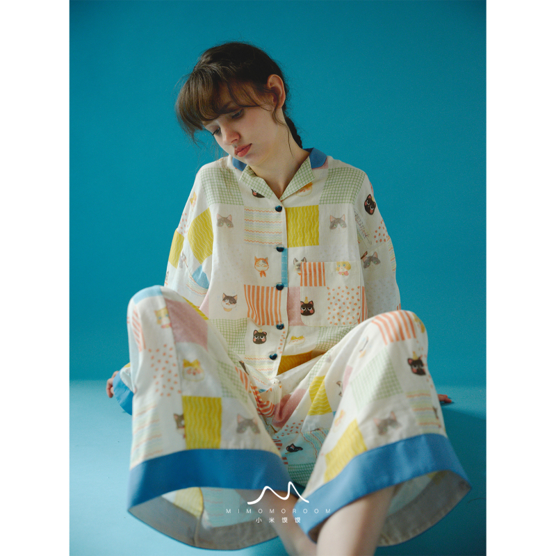 Original Cat-Shaped Patchwork Pure Cotton Gauze Cartoon Patchwork Style Pajama Set Loungewear Long-Sleeve Nine-Point Pants Original Cat-Shaped Patchwork Pure Cotton Gauze Cartoon Patchwork Style Pajama Set Loungewear Long-Sleeve Nine-Point Pants