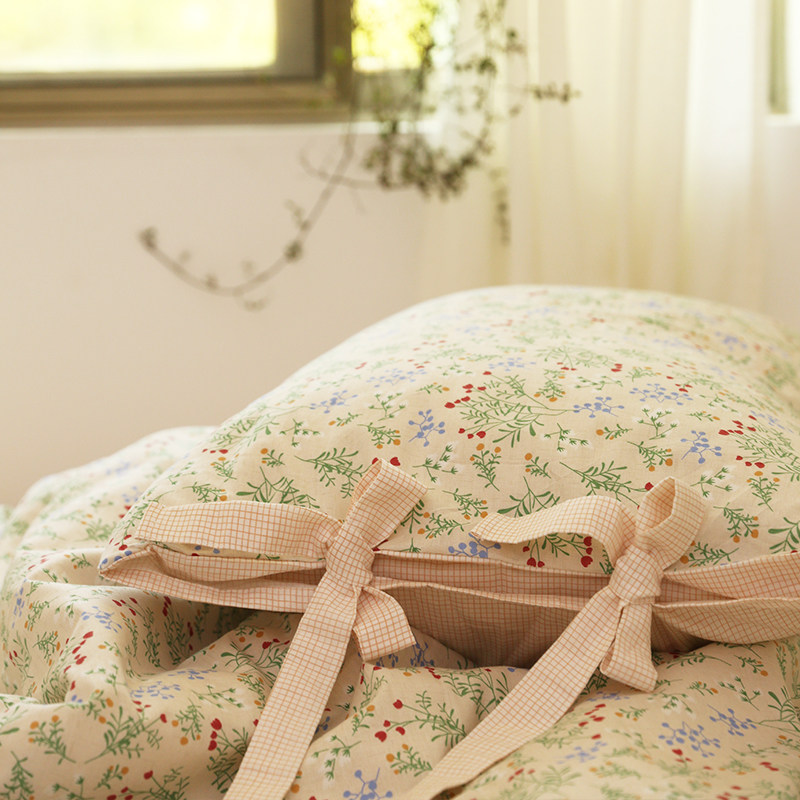 Lilac の Tale sep) light apricot Korean style small floral cotton cotton bed sheet quilt cover three or four piece bedding